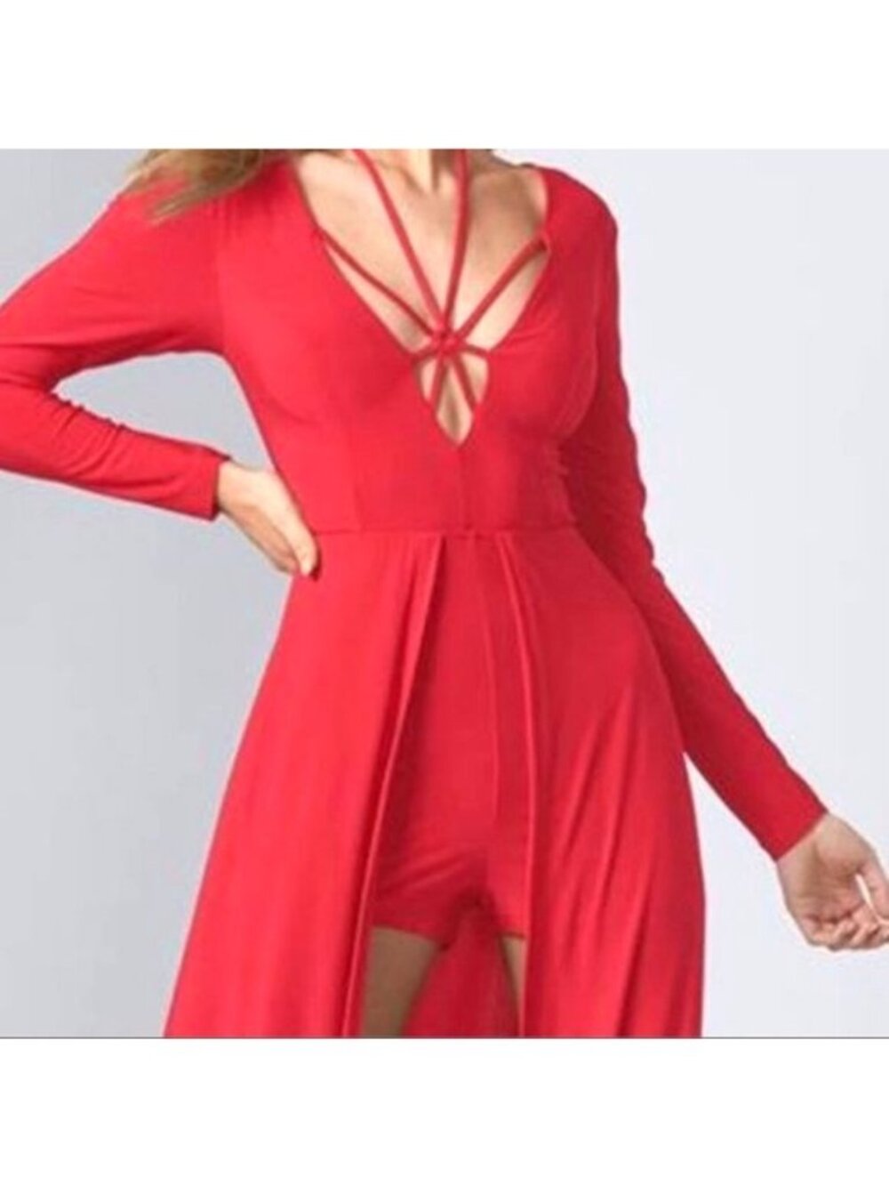 Red Venus Long Sleeve Jumpsuit With Open Front Skirt Overlay Strappy Neckline & - Picture 2 of 12
